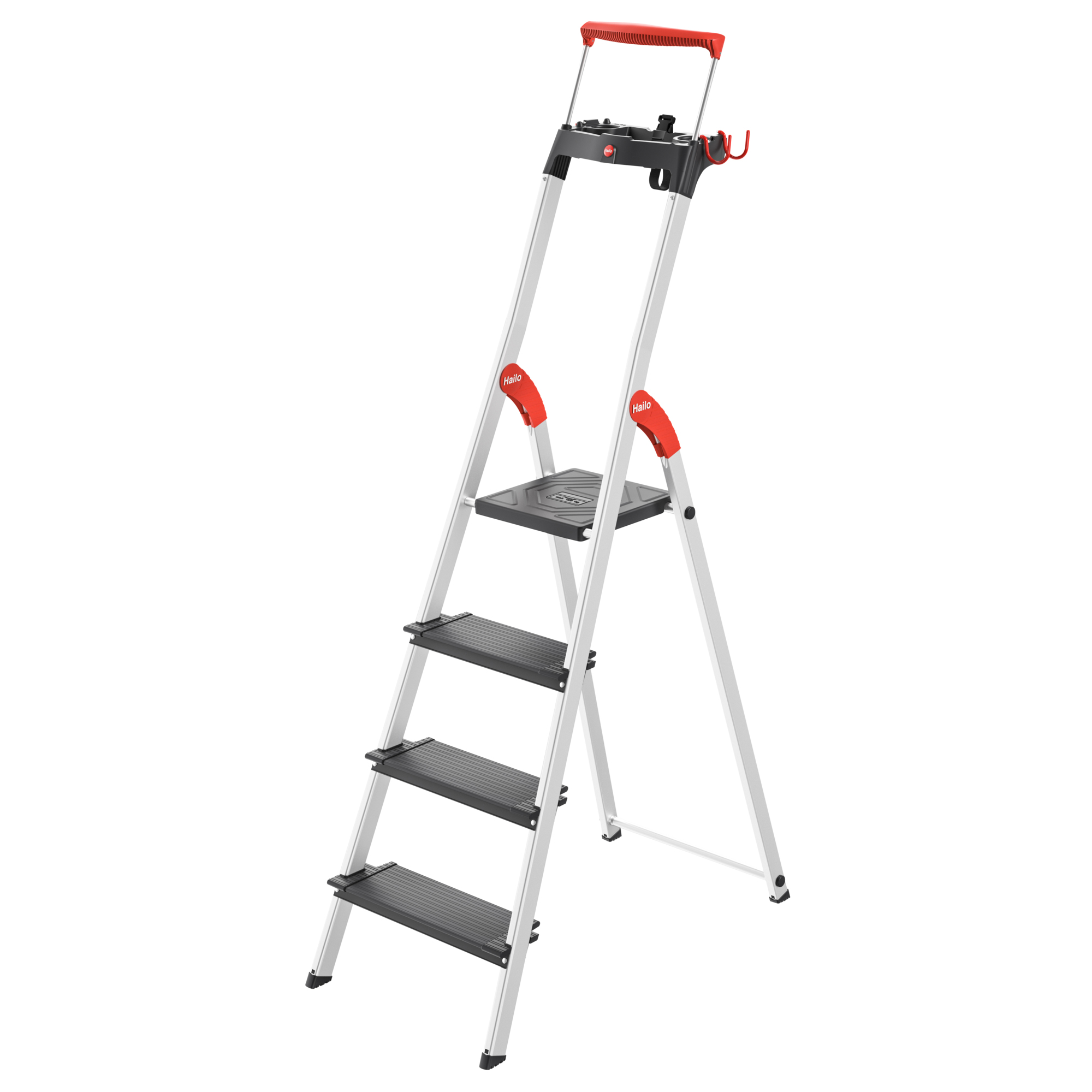 Hailo, 4 step ladder- XXL wide steps, Height 65 ft, Capacity 330 lb, Material Aluminum, Model# 9204016001